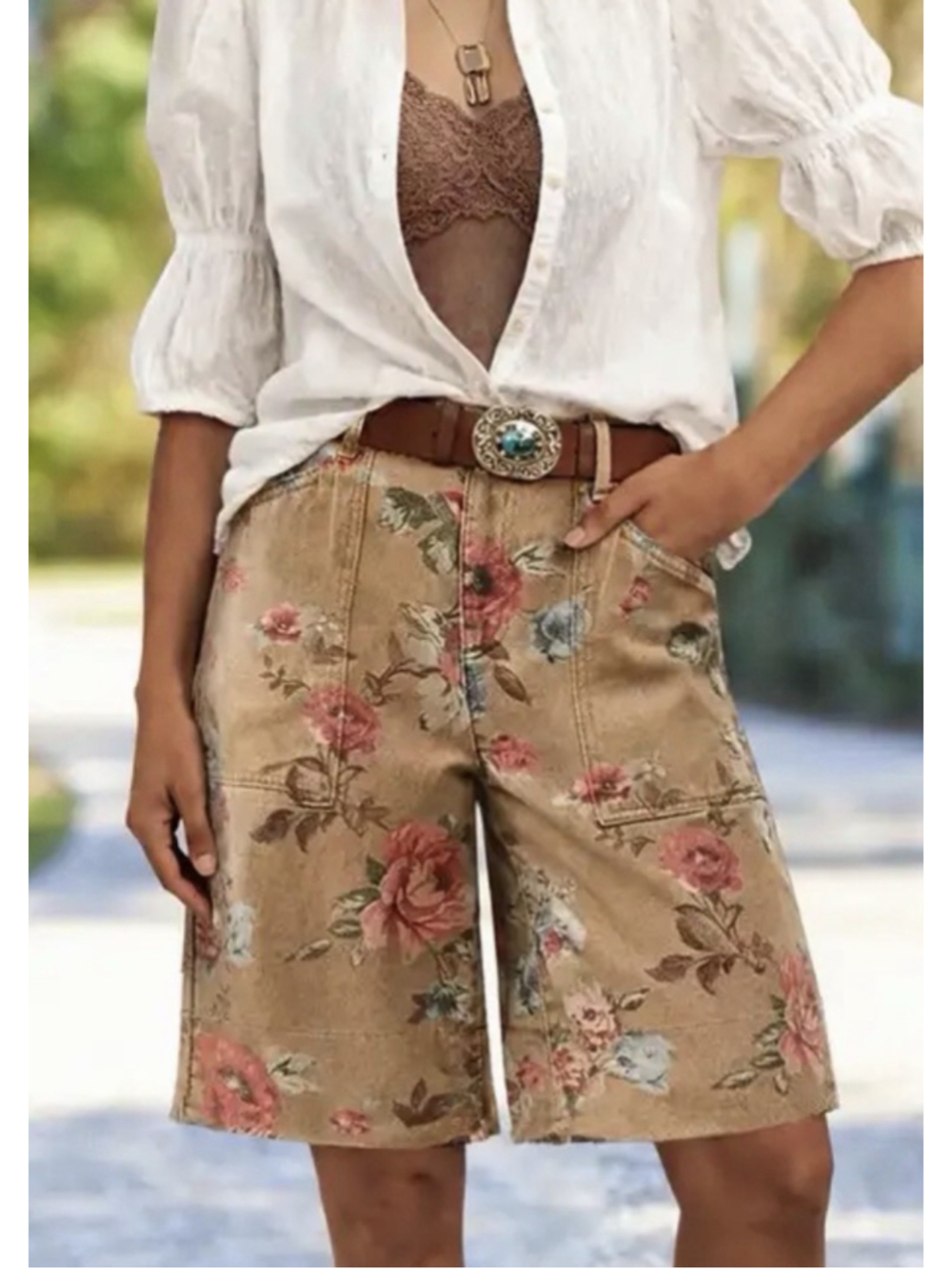 Floral Print Patch Pocket High Rise Bermuda Shorts 2XL